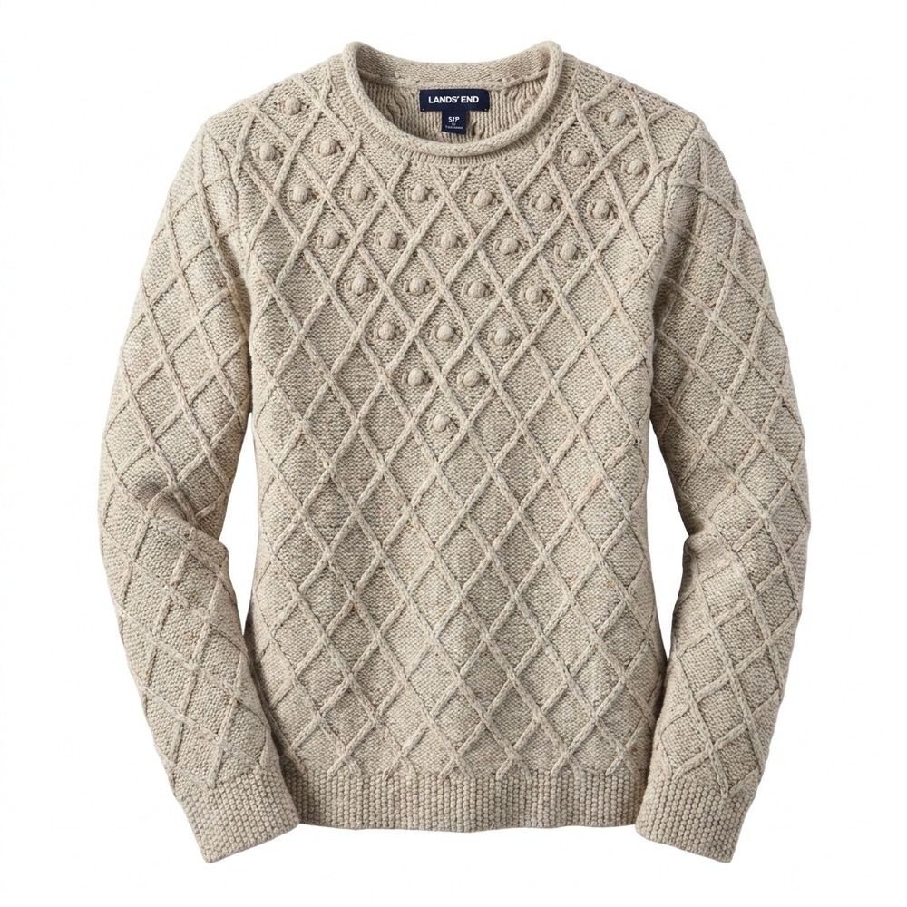 Lands End Women Small Oatmeal Coastal Popcorn Cable Knit Crewneck Sweater Bobble